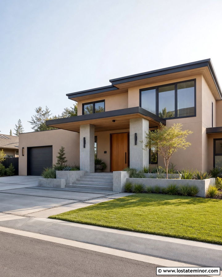 Tan House With Minimalist Concrete Columns - 30 Tan House Design With Porch Columns Ideas