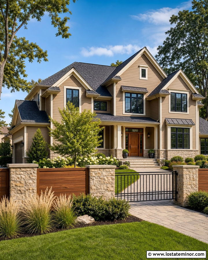 Tan House With Mixed Material Fence - 30 Tan House Design With Fence Ideas
