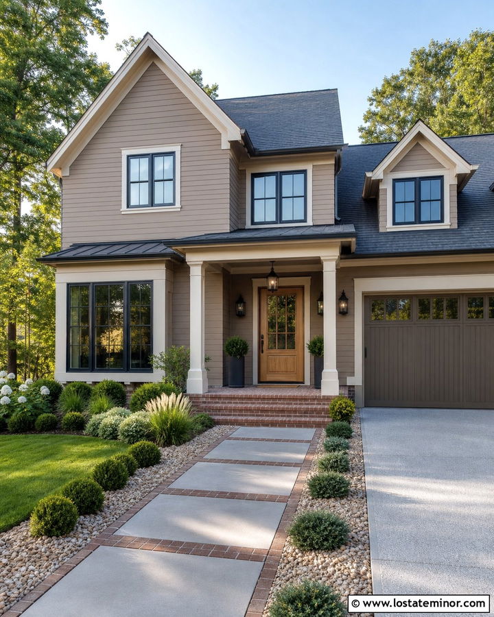 Tan House With Mixed Material Walkway - 30 Tan House Design With Walkway Ideas