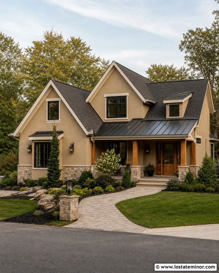 Tan House With Mixed Metal And Shingle Roof - 30 Tan House Design With Roof Ideas