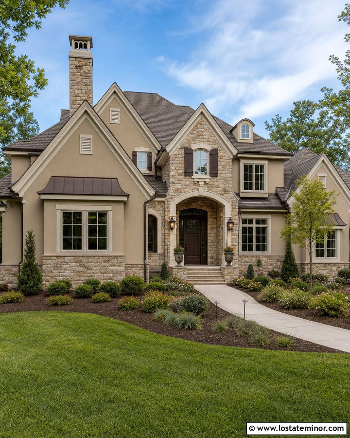 Tan House With Mixed Stone Accents - 30 Tan House Design With Stone Accents Ideas