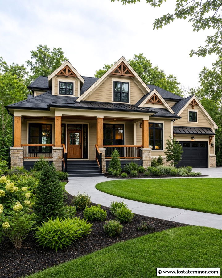Tan House With Mixed Wood And Metal Railings - 30 Tan House Design With Railings Ideas