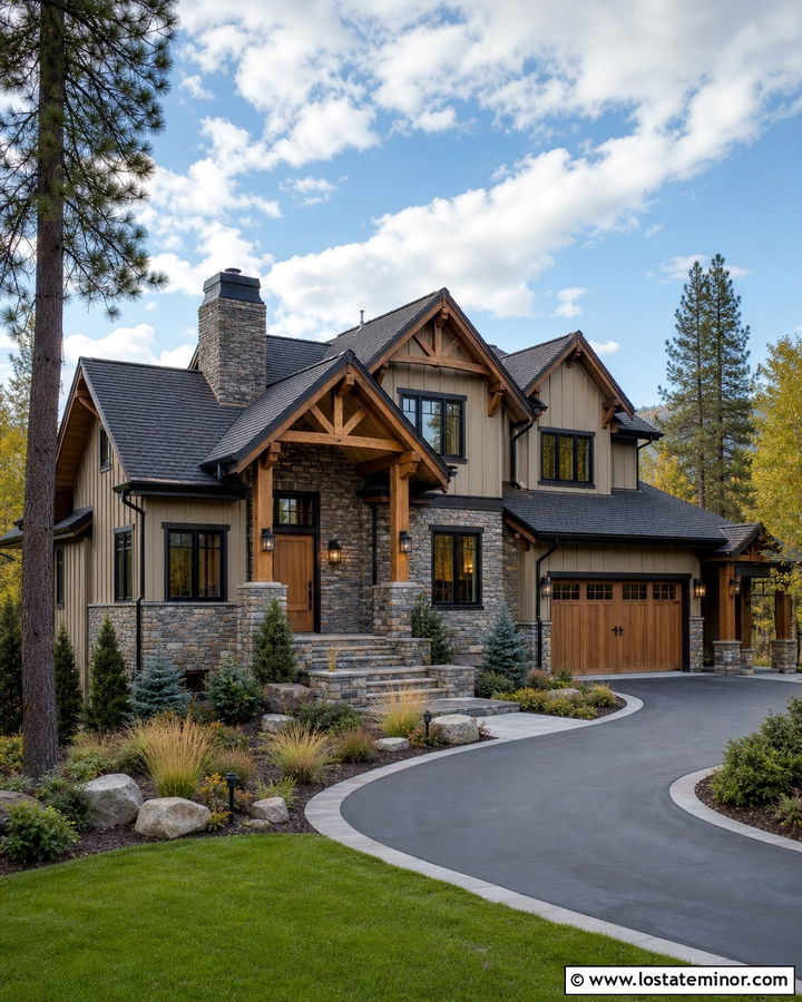 Tan House With Mixed Wood Stone And Black Accents - 30 Tan House Design With Accents Ideas