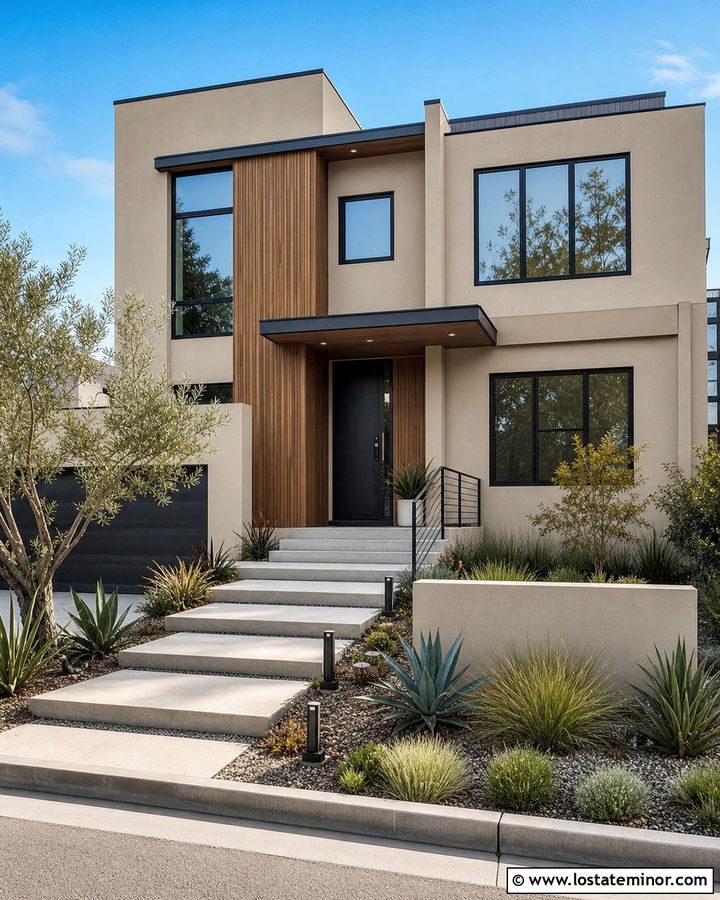 Tan House With Modern Entry Steps - 30 Tan House Design With Steps Ideas