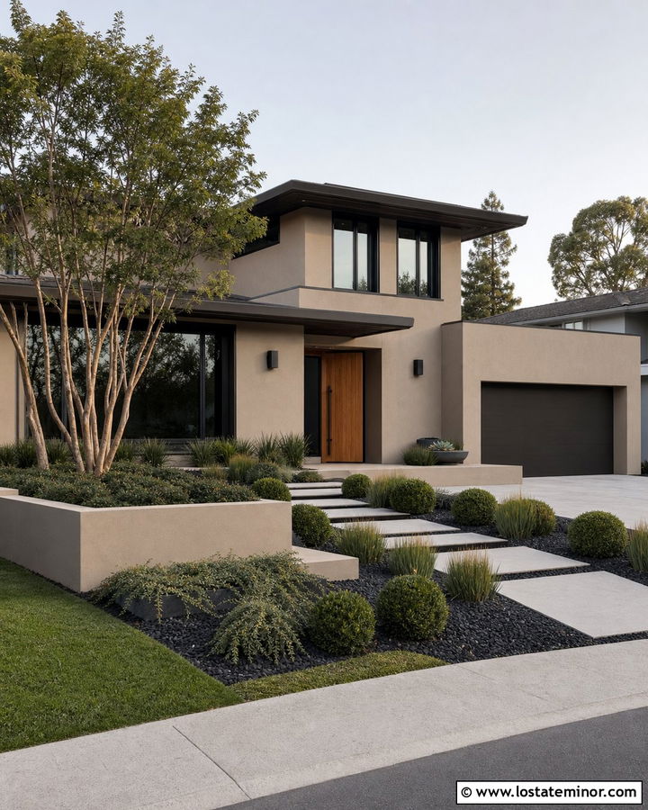 Tan House With Modern Geometric Landscaping - 30 Tan House Design With Landscaping Ideas