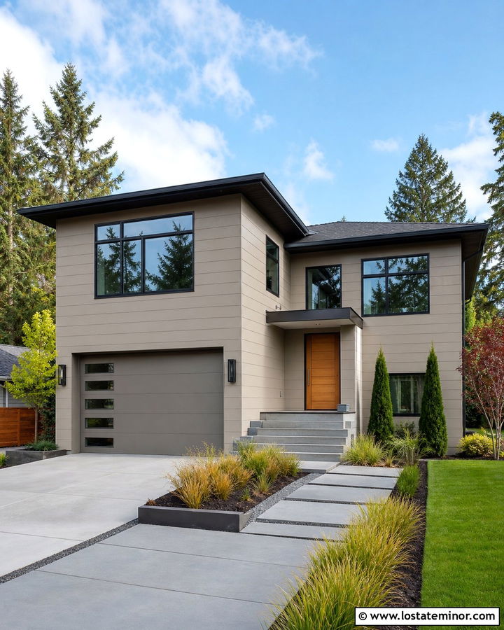 Tan House With Modern Horizontal Garage Door - 30 Tan House Design With Garage Door Ideas