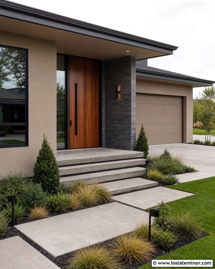 Tan House With Modern Pivot Entry Door - 30 Tan House Design With Entry Door Ideas