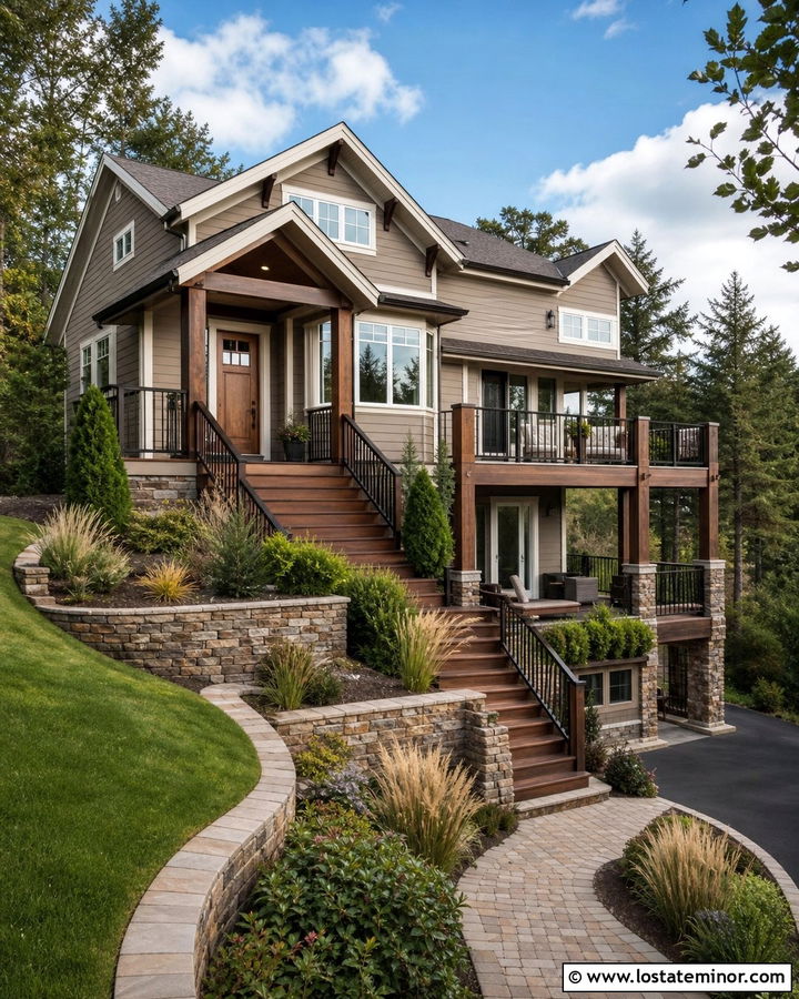 Tan House With Multi Level Brown Deck - 30 Tan House Design With Deck Ideas