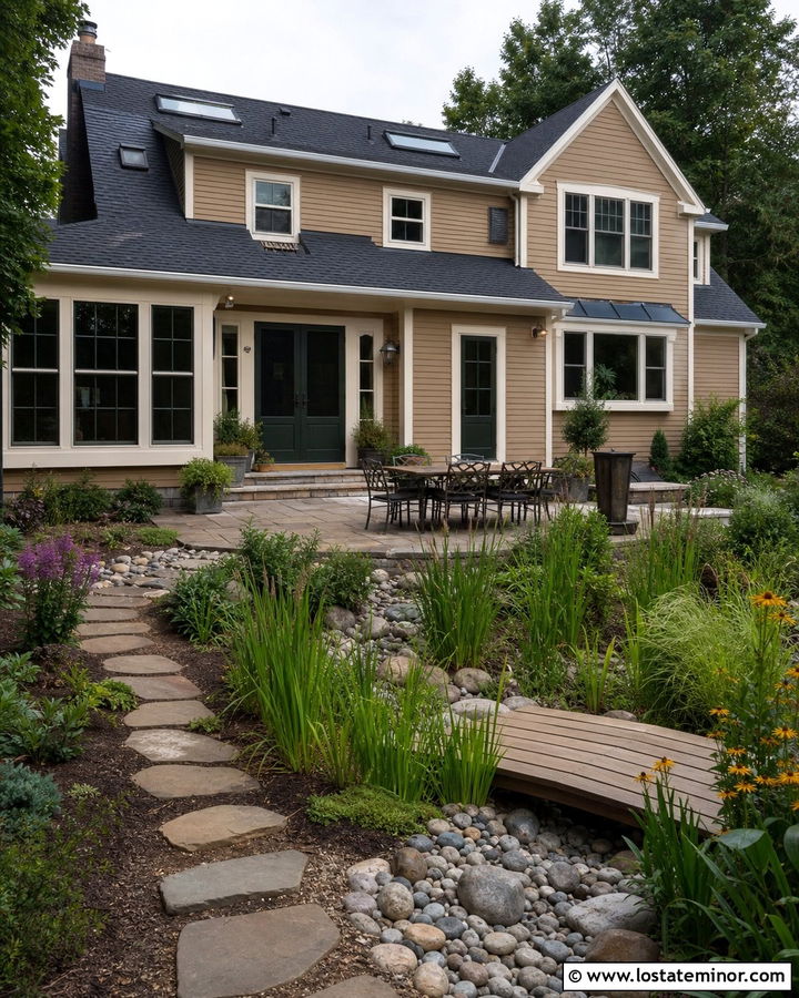 Tan House With Native Rain Garden - 30 Tan House Design With Backyard Ideas