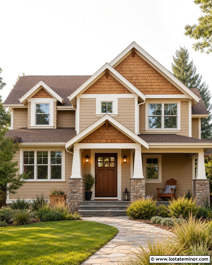 Tan House With Natural Cedar Shake Gables - 30 Tan House Design With Cedar Shake Ideas