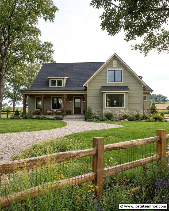 Tan House With Natural Split Rail Fence - 30 Tan House Design With Fence Ideas