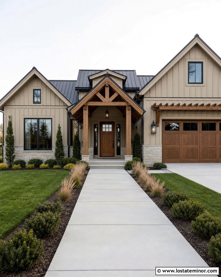 Tan House With Natural Wood Door Portico - 30 Tan House Design With Portico Ideas