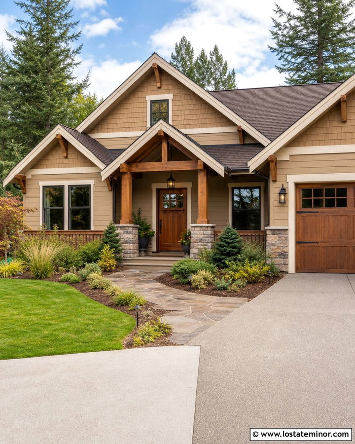 Tan House With Natural Wood Entry Door - 30 Tan House Design With Entry Door Ideas