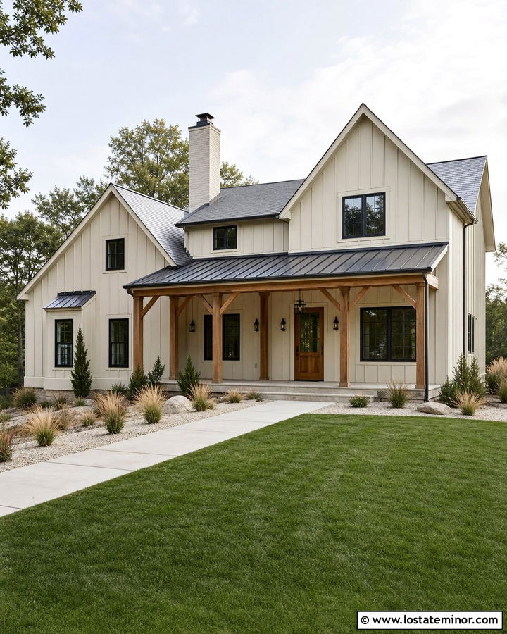 Tan House With Natural Wood Front Door - 30 Tan House Design With Front Door Ideas