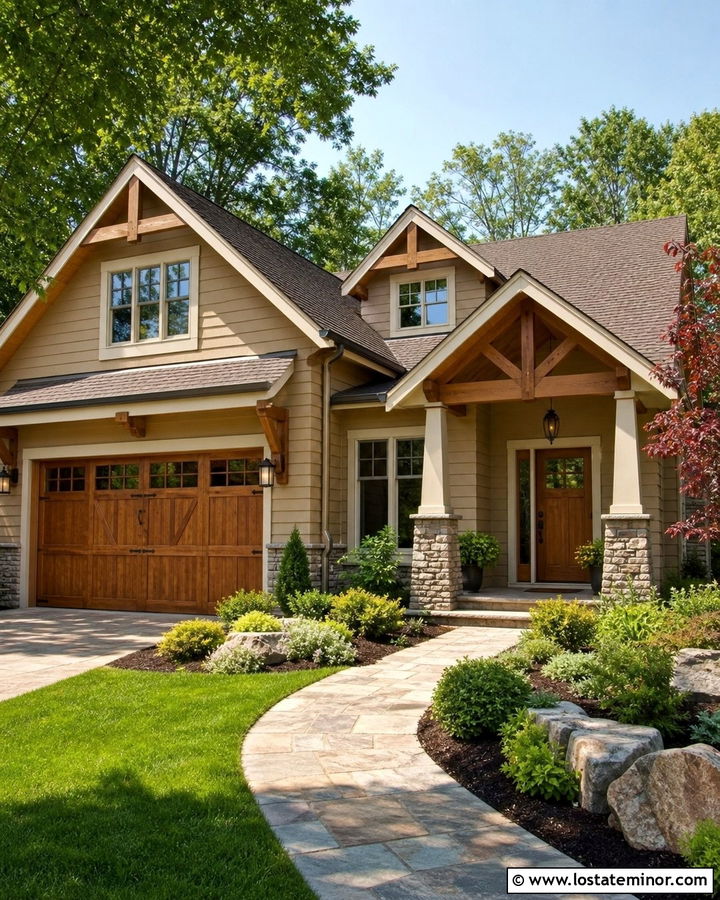 Tan House With Natural Wood Garage Door - 30 Tan House Design With Garage Door Ideas