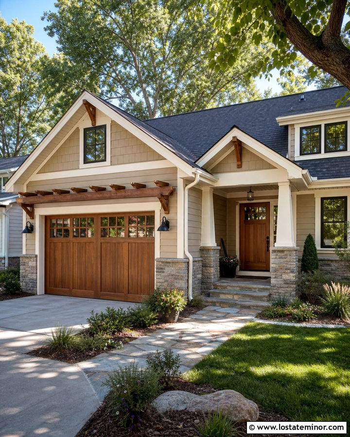 Tan House With Natural Wood Garage Door - 30 Tan House Design With Accents Ideas