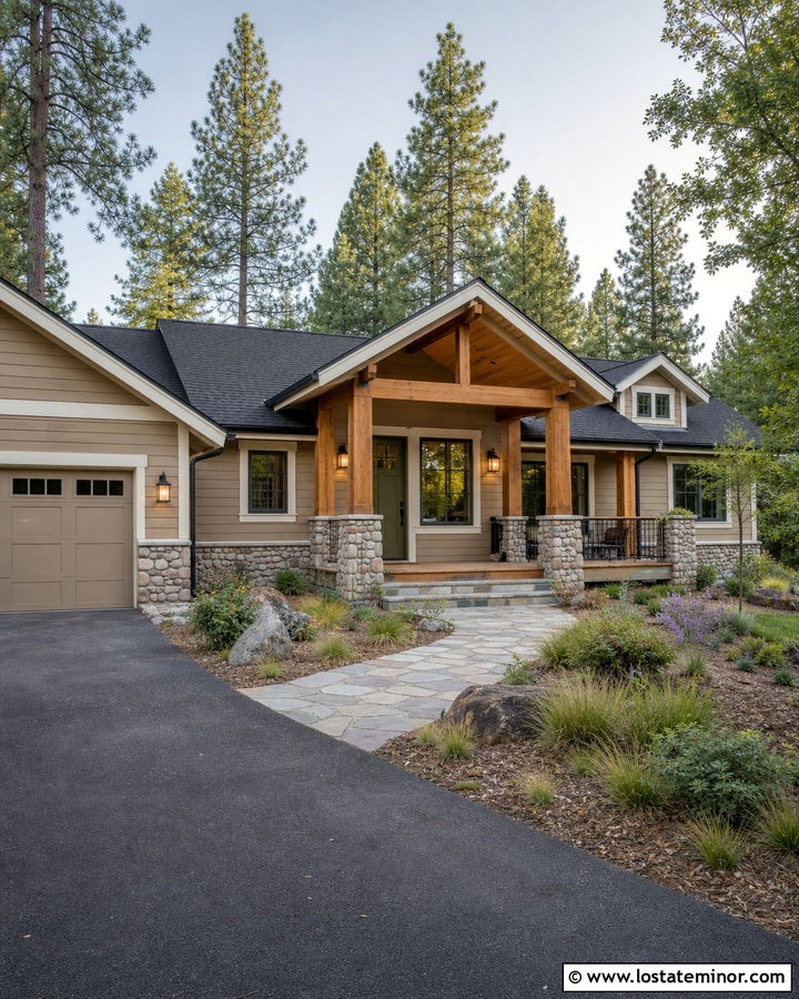 Tan House With Natural Wood Porch Posts - 30 Tan House Design With Porch Columns Ideas