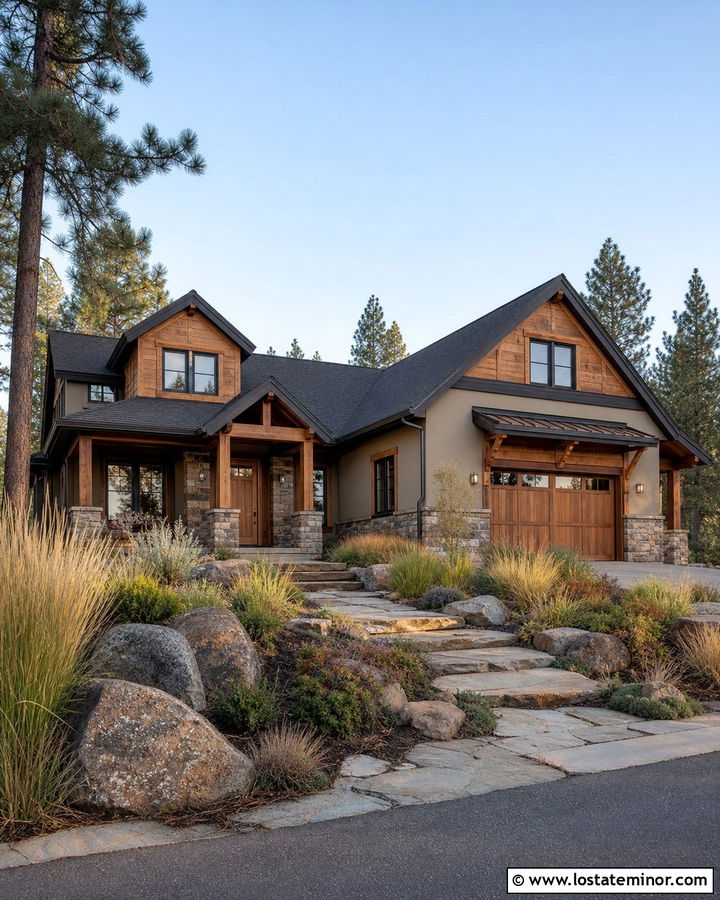 Tan House With Natural Wood Trim - 30 Tan House Design With Trim Ideas