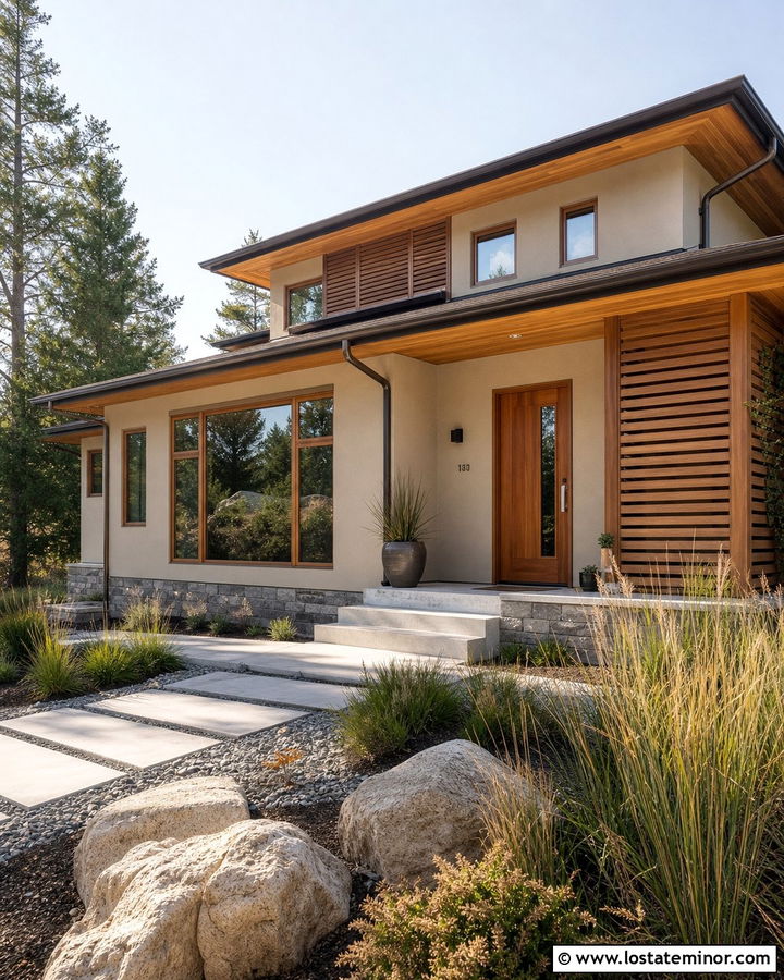 Tan House With Natural Wood Window Frames - 30 Tan House Design With Window Frames Ideas