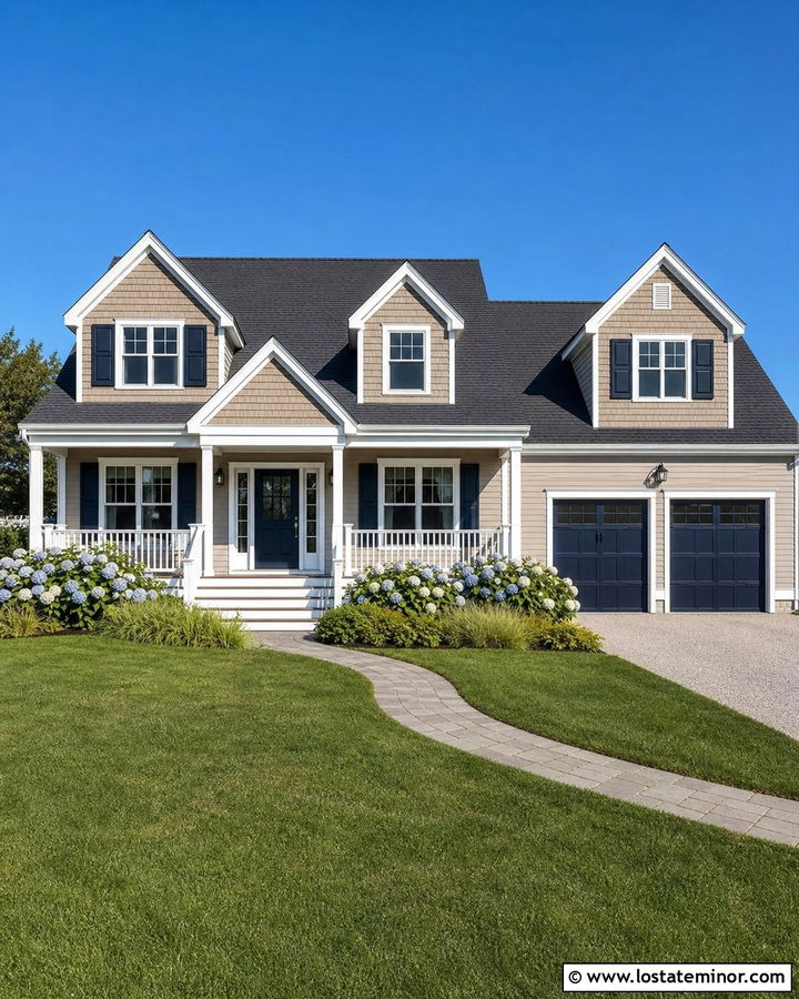 Tan House With Navy Blue Shutters - 30 Tan House Design With Shutters Ideas