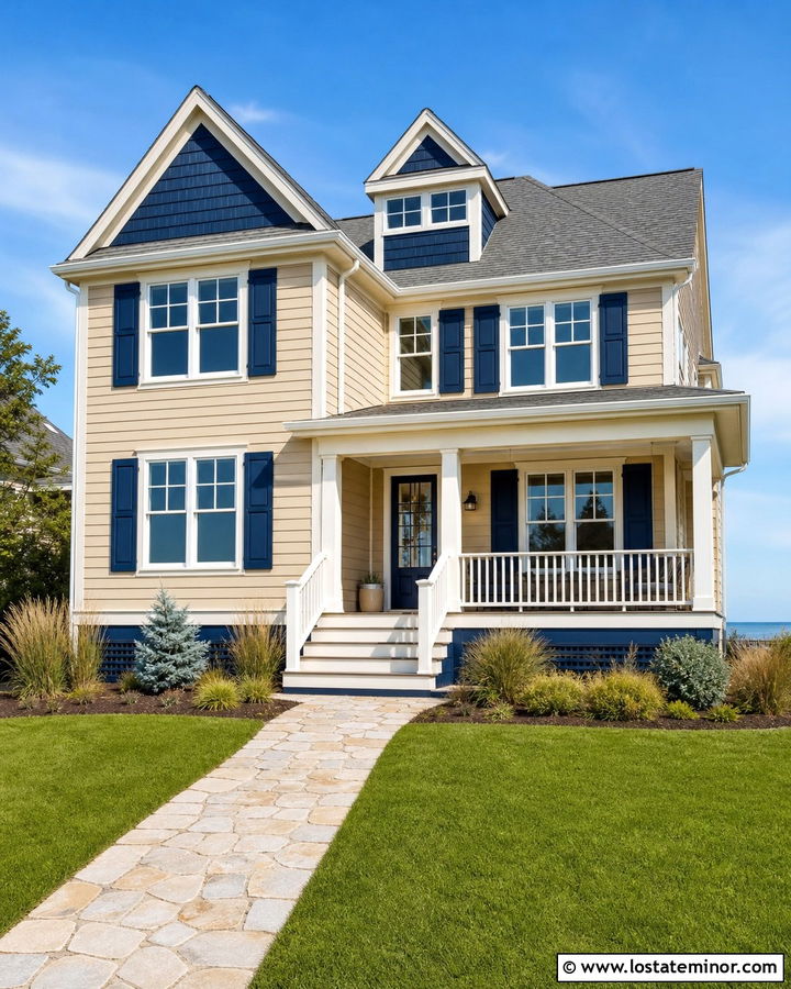 Tan House With Navy Blue Trim - 30 Tan House Design With Trim Ideas