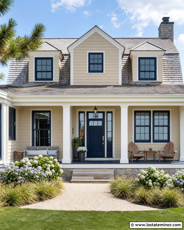 Tan House With Navy Blue Window Frames - 30 Tan House Design With Window Frames Ideas
