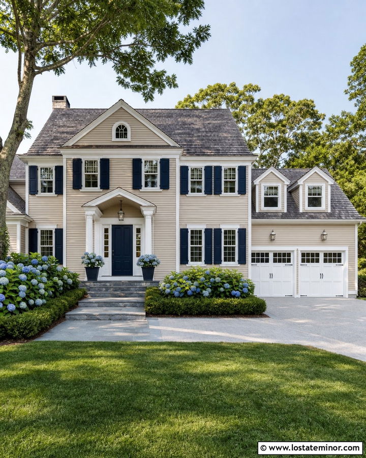Tan House With Navy Door And Nickel Lights - 30 Tan House Design With Lighting Ideas