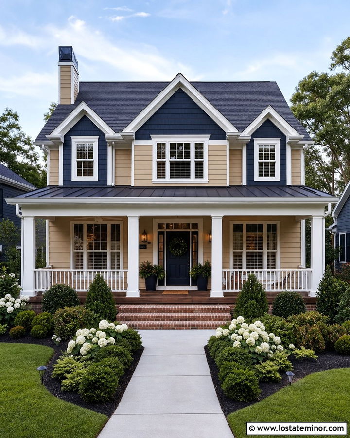 Tan House With Navy Dormers - 30 Tan House Design With Dormers Ideas