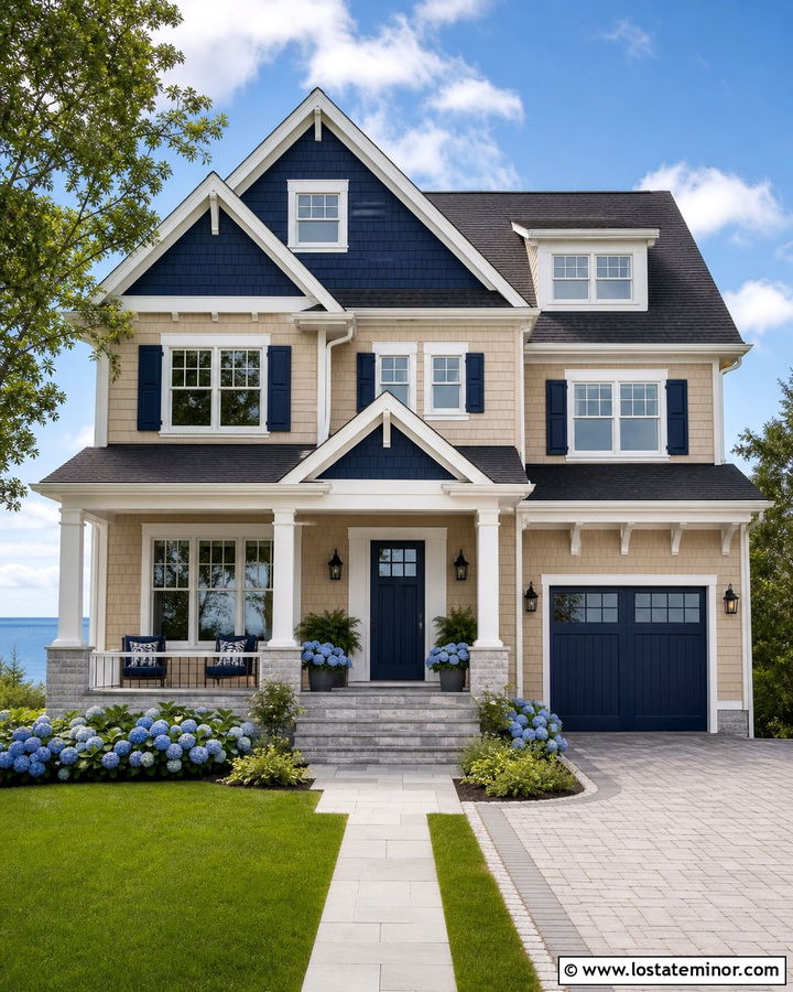 Tan House With Navy Gable Siding - 30 Tan House Design With Gables Ideas