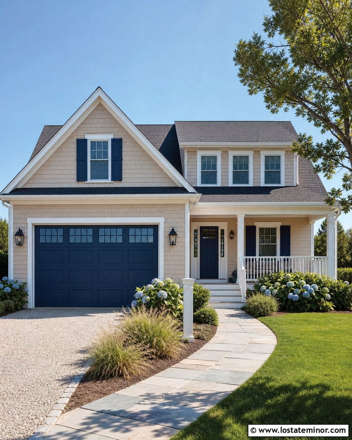Tan House With Navy Garage Door - 30 Tan House Design With Garage Door Ideas