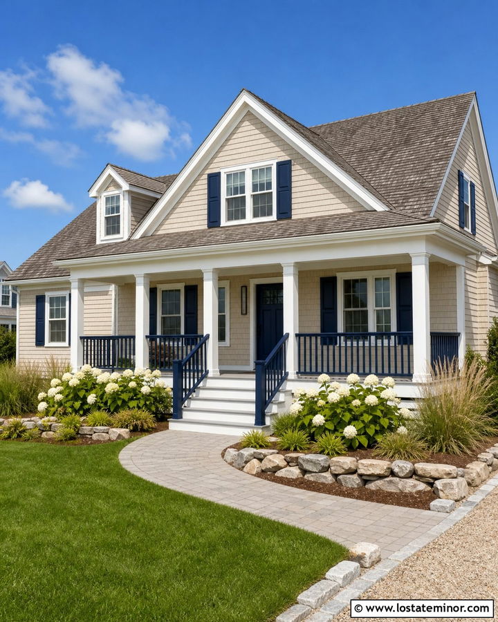 Tan House With Navy Porch Railings - 30 Tan House Design With Railings Ideas