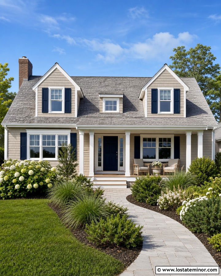 Tan House With Navy Shutters And Coastal Landscaping - 30 Tan House Design With Front Yard Ideas