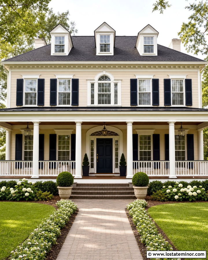 Tan House With Navy Trim And White Columns - 30 Tan House Design With Trim Ideas