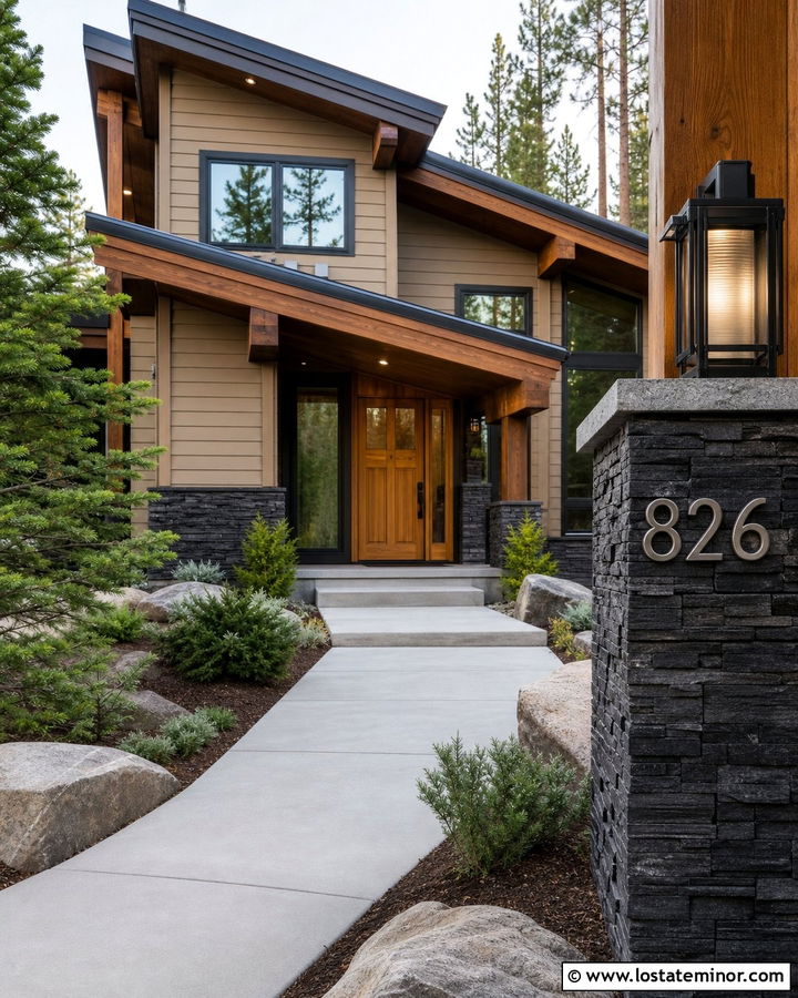 Tan House With Numbers On Dark Stone - 30 Tan House Design With House Numbers Ideas