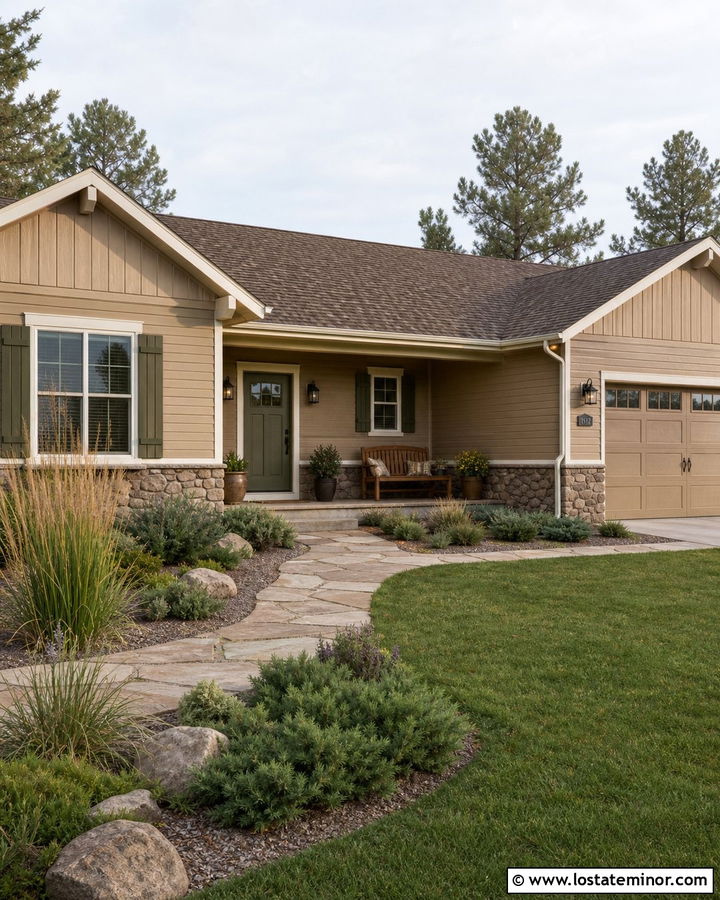 Tan House With Olive Green Entry Door - 30 Tan House Design With Entry Door Ideas