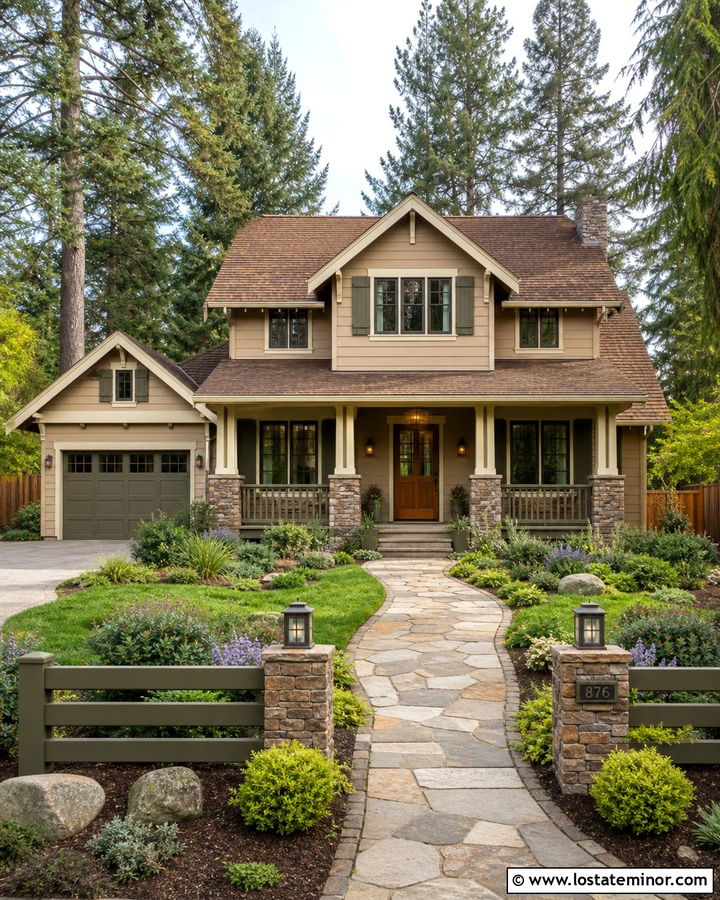 Tan House With Olive Green Fence - 30 Tan House Design With Fence Ideas