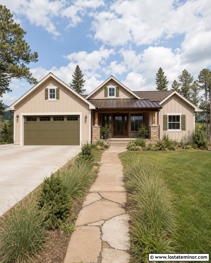 Tan House With Olive Green Garage Door - 30 Tan House Design With Garage Door Ideas