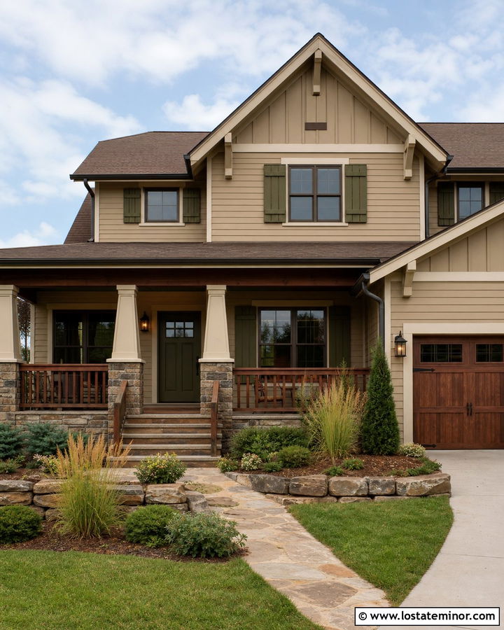 Tan House With Olive Green Shutters - 30 Tan House Design With Shutters Ideas