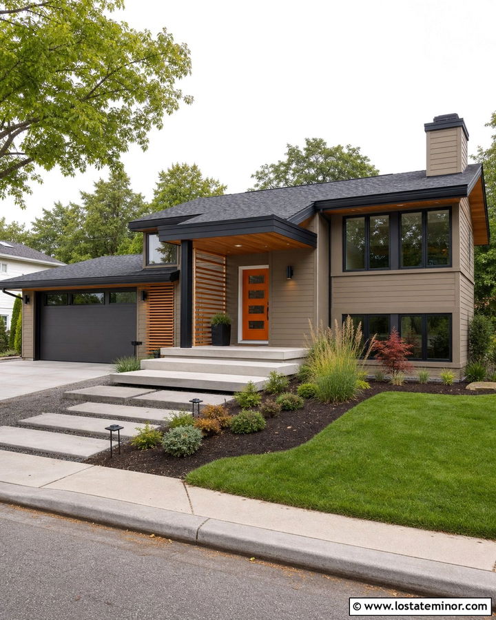 Tan House With Orange Entry Door - 30 Tan House Design With Entry Door Ideas