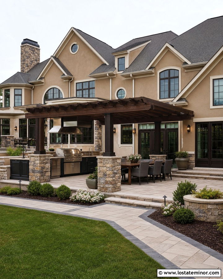 Tan House With Outdoor Kitchen Pergola - 30 Tan House Design With Pergola Ideas