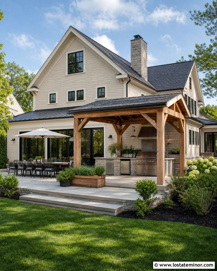 Tan House With Outdoor Kitchen - 30 Tan House Design With Backyard Ideas