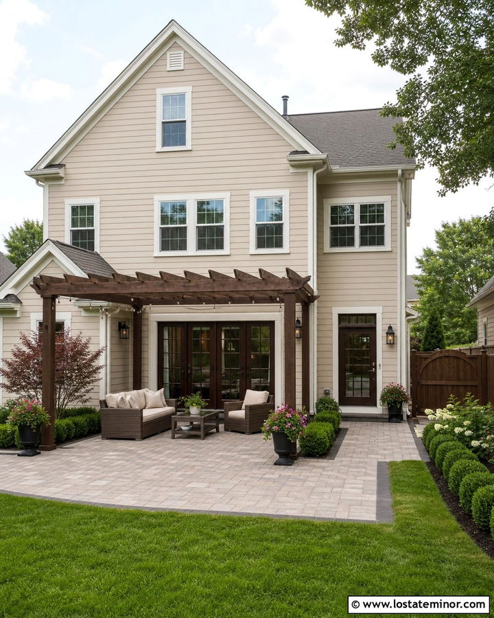 Tan House With Paver Patio And Pergola - 30 Tan House Design With Backyard Ideas