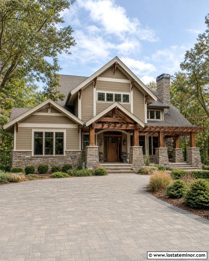 Tan House With Pergola And Stone Columns - 30 Tan House Design With Pergola Ideas