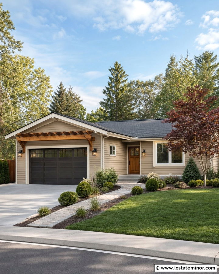 Tan House With Pergola Over Garage - 30 Tan House Design With Pergola Ideas