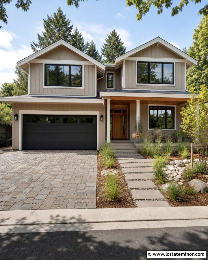 Tan House With Permeable Paver Driveway - 30 Tan House Design With Driveway Ideas