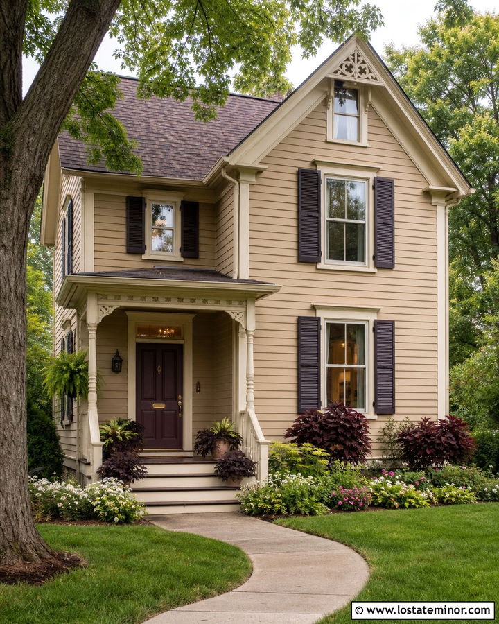 Tan House With Plum Front Door - 30 Tan House Design With Accents Ideas