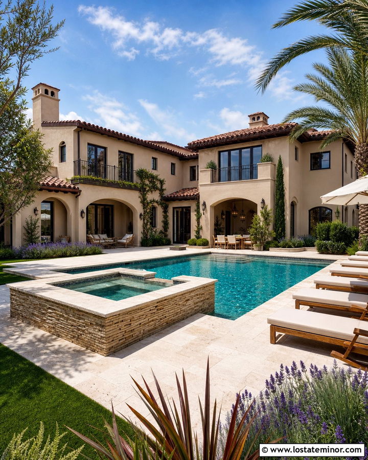 Tan House With Pool And Travertine Patio - 30 Tan House Design With Backyard Ideas