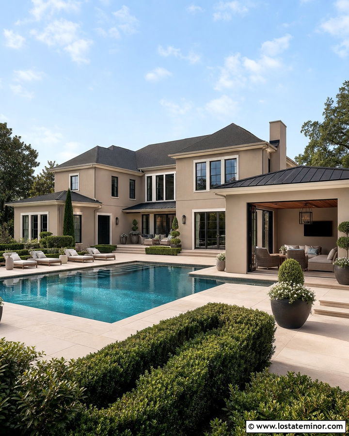 Tan House With Poolside Cabana - 30 Tan House Design With Backyard Ideas