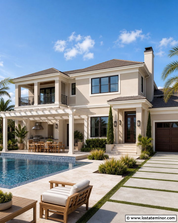 Tan House With Poolside Pergola - 30 Tan House Design With Pergola Ideas