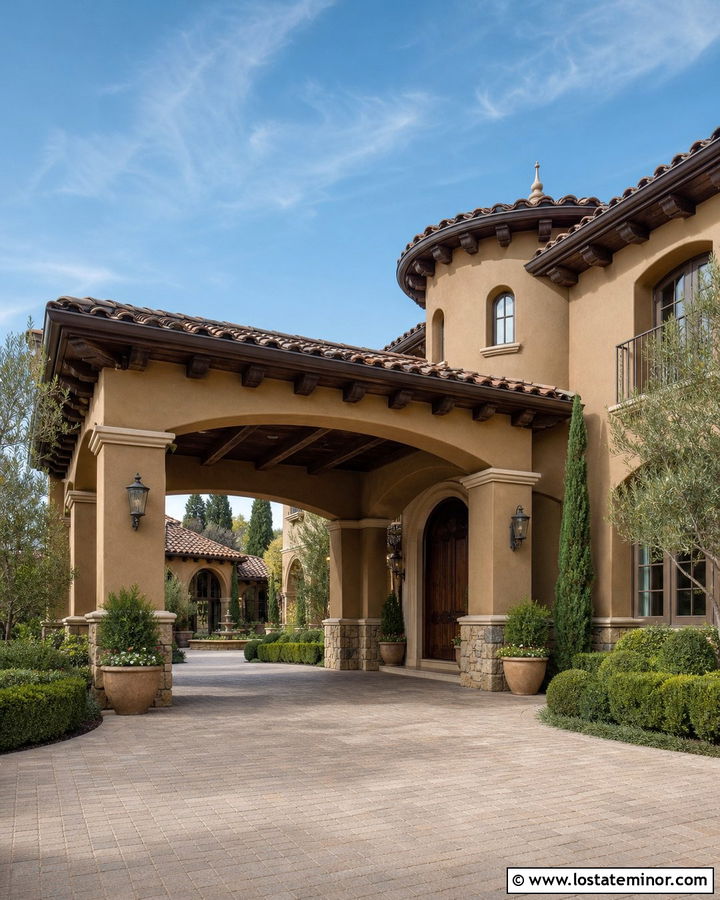 Tan House With Porte Cochere Driveway - 30 Tan House Design With Driveway Ideas